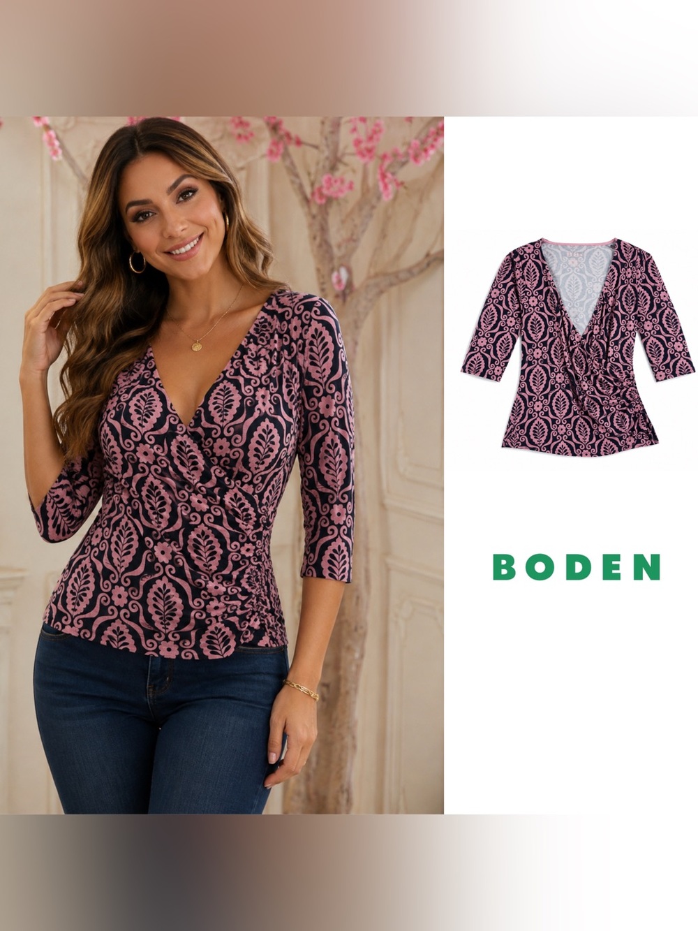 NEW Boden Pink and Black Wrap-Style Patterned top